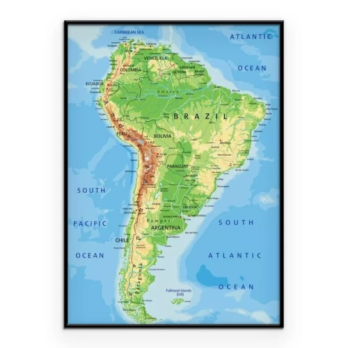 Poster High detailed South America physical map with labeling.