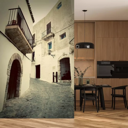 Fotobehang Architectuur van de oude stad van Ibiza, Spanje. Retro foto