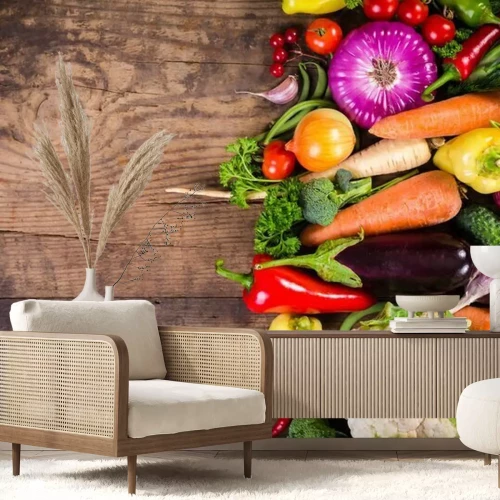 Fotobehang Groenten op donkere planken