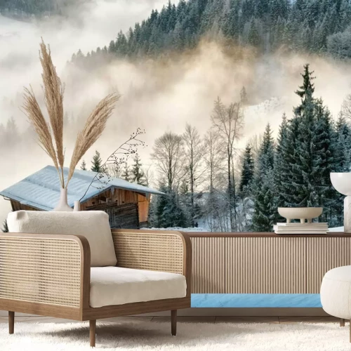 Fotobehang Besneeuwd huisje in de bergen