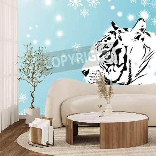 Fotobehang Tijger tussen sneeuwvlokken