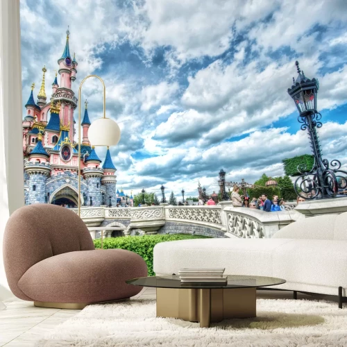 Fotobehang Kasteel van Disney en brug op een zonnige dag