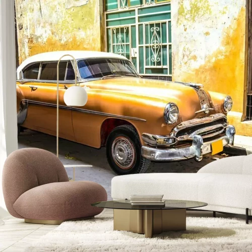 Fotobehang Gele oldtimer in Cuba
