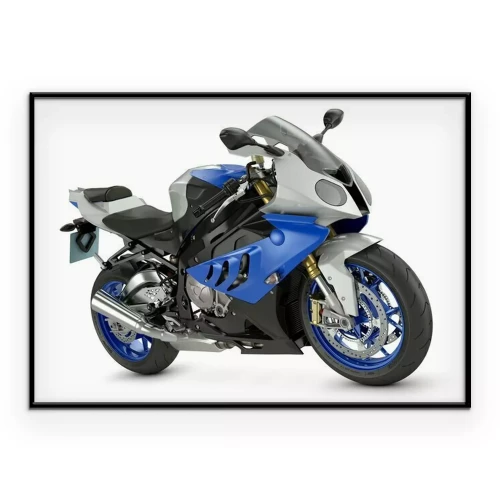 Poster Een motorfiets met blauwe elementen op een witte achtergrond.