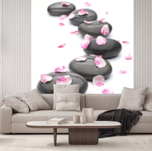 Sticker Spa stenen met rozenblaadjes op witte achtergrond.