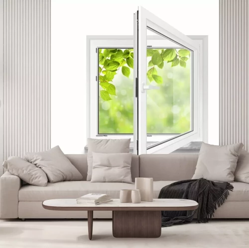 Fotobehang Groene bladeren buiten het raam