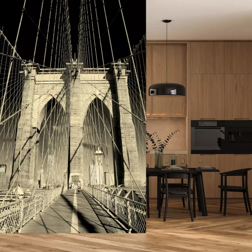 Fotobehang New York City Brooklyn Bridge in Manhattan close-up met wolkenkrabbers en skyline van de stad over Hudson River.