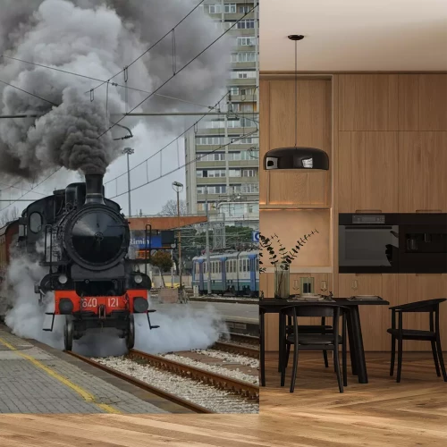 Fotobehang Stoomtrein midden in de stad