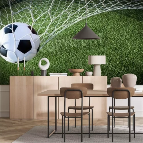 Fotobehang Voetbal in het doelnet