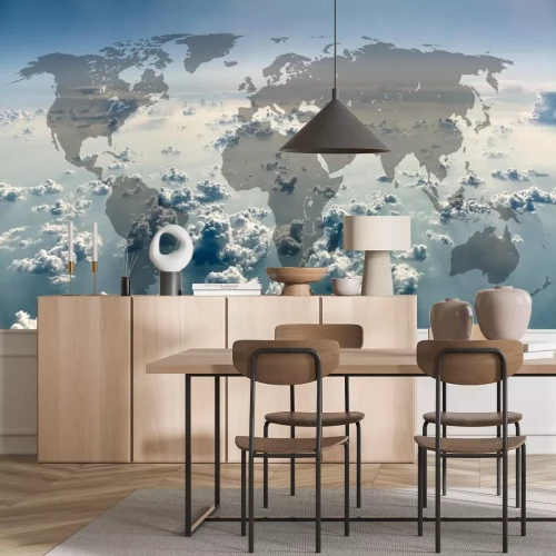 Sticker World map on the background of sky with clouds.