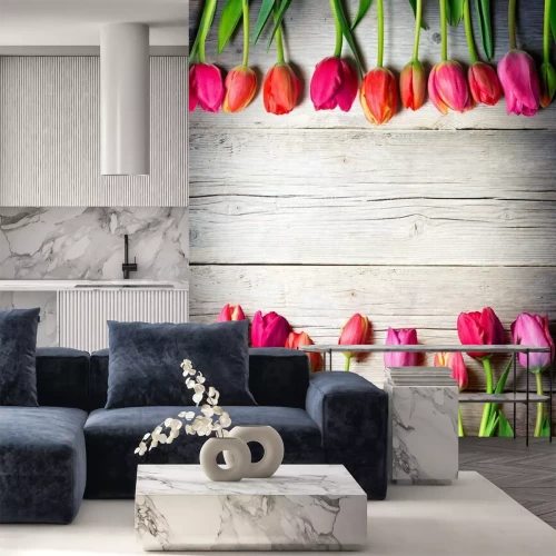 Fotobehang Roze tulpen op de planken