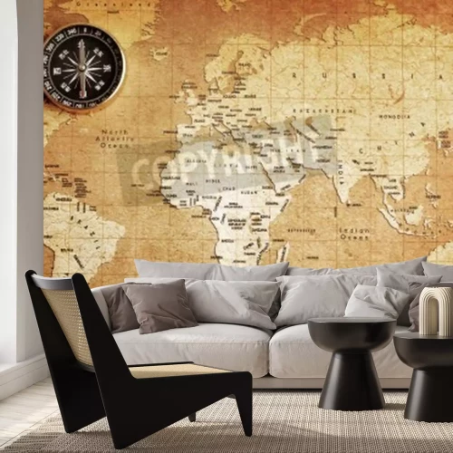 Fotobehang Wereldkaart met kompas bovenaan