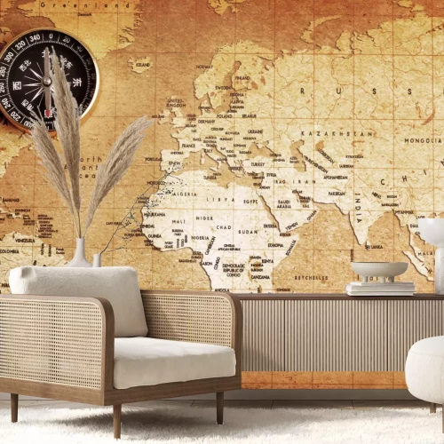 Fotobehang Wereldkaart met kompas bovenaan
