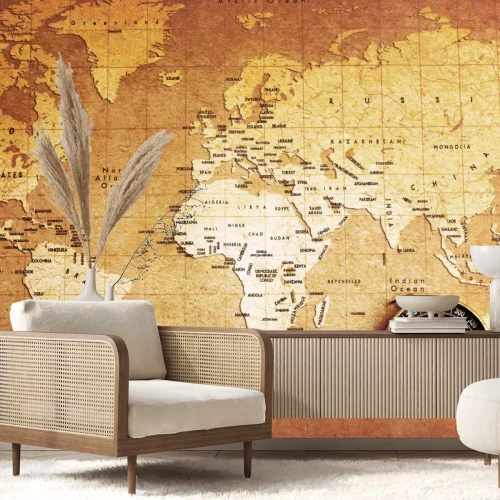 Fotobehang Wereldkaart met kompas onderaan