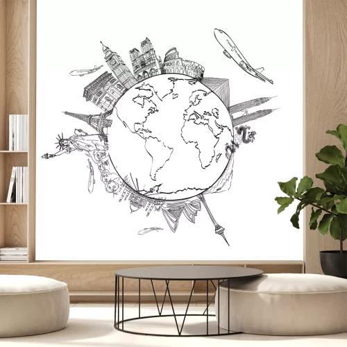 Sticker Drawing the dream travel around the world in a whiteboard