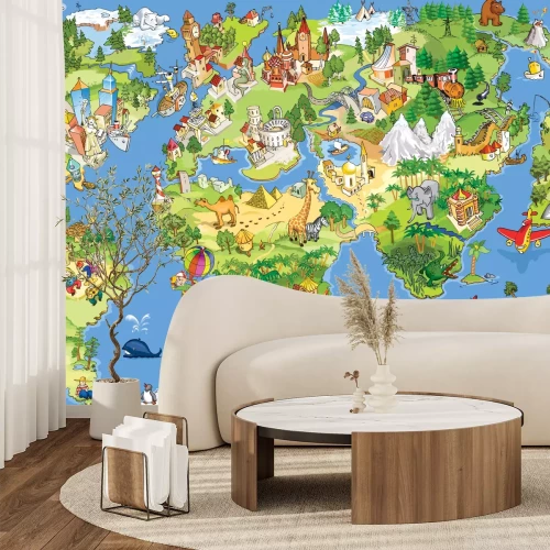 Fotobehang Oriëntatiepunten en dieren op de wereldkaart