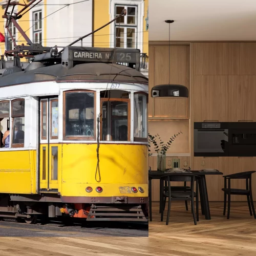 Fotobehang Gele tram op smalle straat, wijk Alfama van Lissabon. Portugal