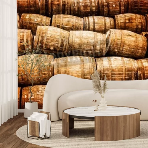 Fotobehang Stapel opgestapelde houten vaten