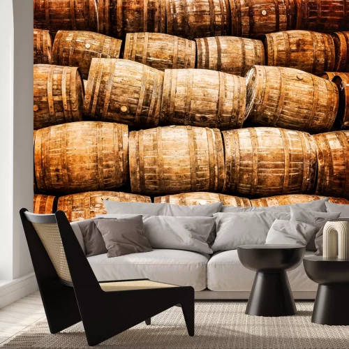 Fotobehang Stapel opgestapelde houten vaten