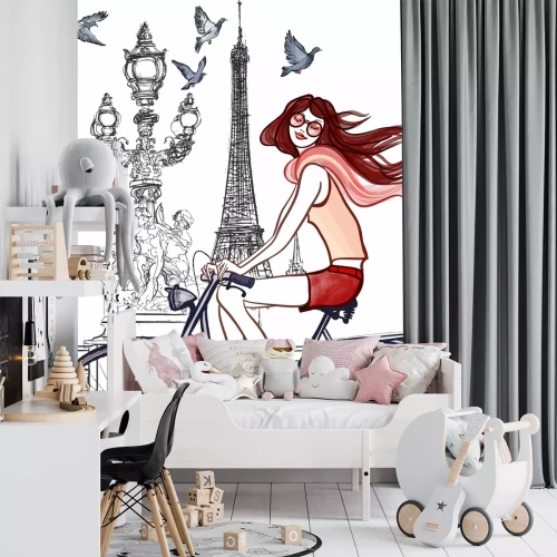 Fotobehang Meisje op een fiets