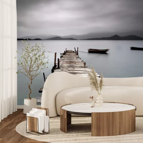 Fotobehang Boten bij een brug in de bergen