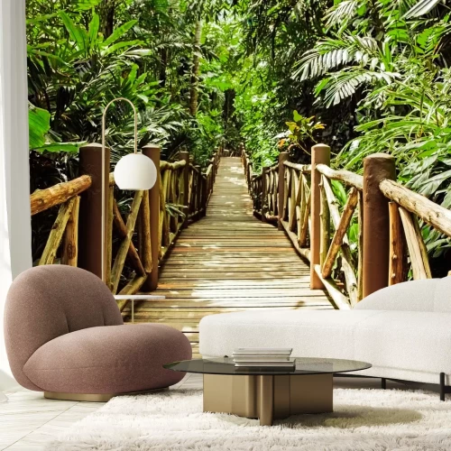 Fotobehang Brug tussen palmbladeren