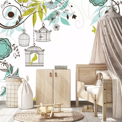 Fotobehang Blauw patroon met vogels en bloemen