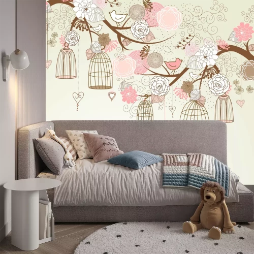 Fotobehang Girly patroon met vogels en bloemen