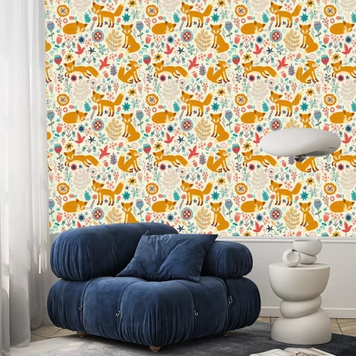 Behang Geïllustreerde vosjes vogels en kleurrijke bloemen