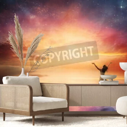 Fotobehang Zonsopgang met sterren en een vrouw