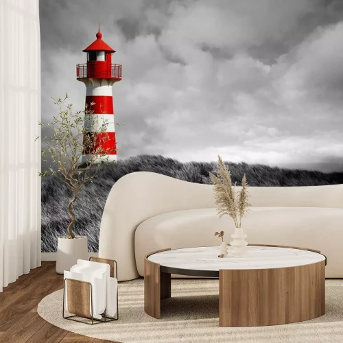 Fotobehang Zwart-witte vuurtoren op de duinen