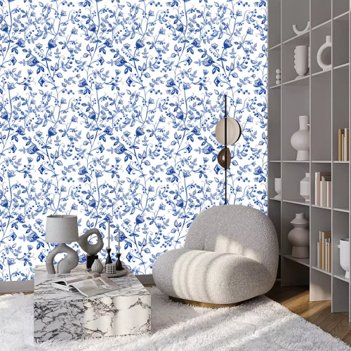 Behang Blauwe bloemen ornament