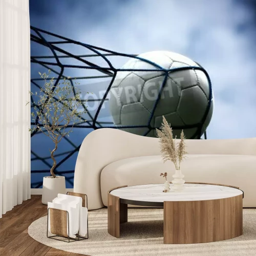 Fotobehang Voetbal in het net tijdens de nachts