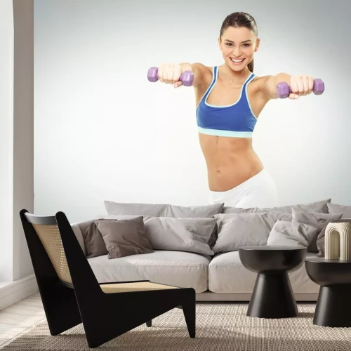 Sticker Mooie jonge vrouw oefening met halters op witte backgroun