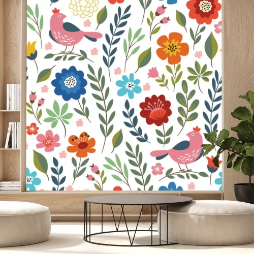 Sticker Vogels en vegetatie in volkse stijl