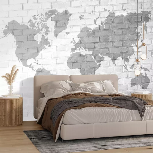 Fotobehang Red Brick muur textuur zachte klank Witte kleur met wereldkaart