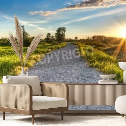 Fotobehang Zonsopgang en een veldweg