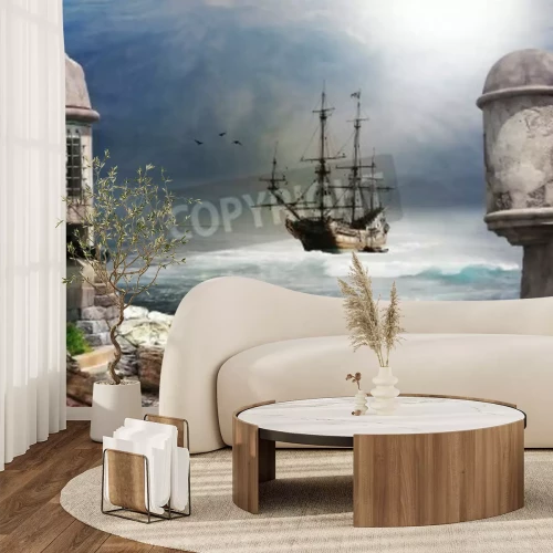 Fotobehang Piratenschip op de golven