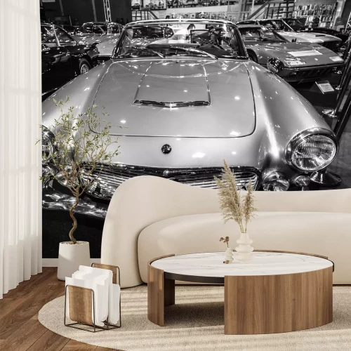 Fotobehang MAASTRICHT, NEDERLAND - 9 januari 2015: Sportwagen Maserati 3500 GT Spyder door Carrozzeria Vignale, 1962. Zwart en wit. International Exhibition InterClassics & Topmobiel 2015