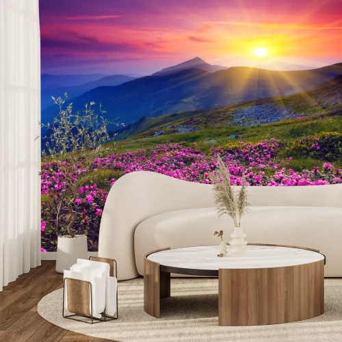 Fotobehang Roze bergbloemen en zonsopgang