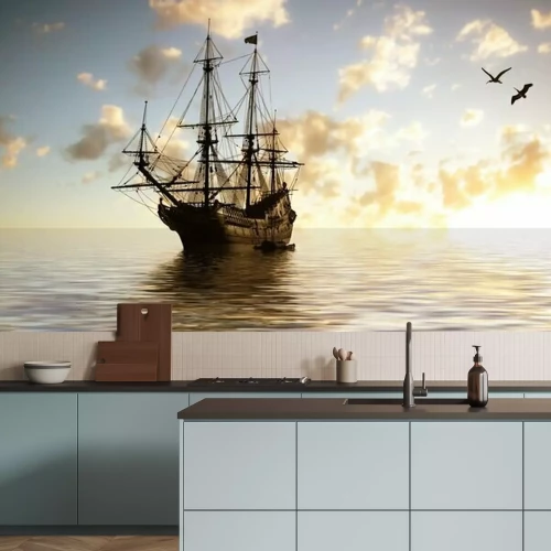 Fotobehang Sailboat against beautiful sunset landscape