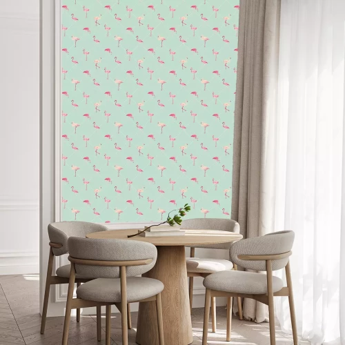 Behang Groen motief in geometrische vormen en flamingo's