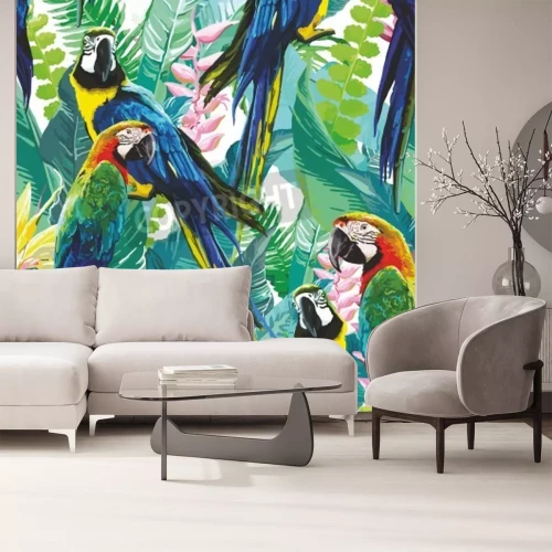 Fotobehang Kleurrijke papegaaien en exotische natuur