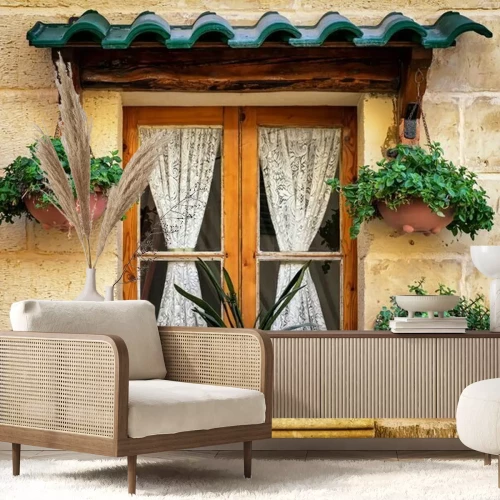 Fotobehang Oud raam met gordijnen