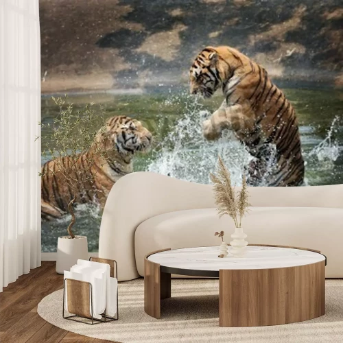 Fotobehang Tijgers springen in het water