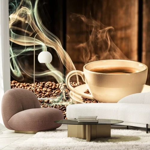 Fotobehang Een kopje koffie op verspreide bonen