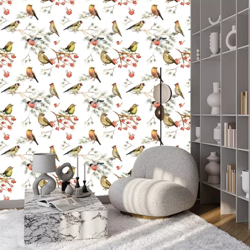 Behang Bosvogels en rode lijsterbes