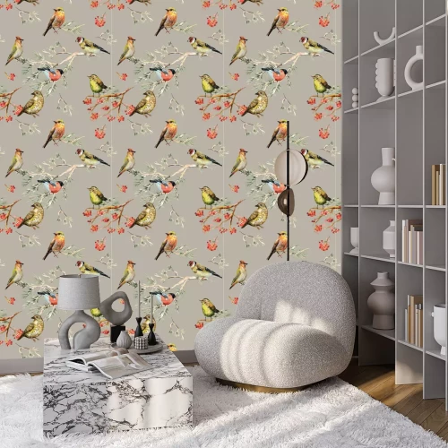 Behang Bosvogels en lijsterbes