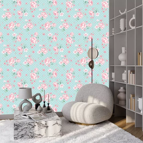 Behang Shabby stijl met roze bloemen op een turquoise achtergrond