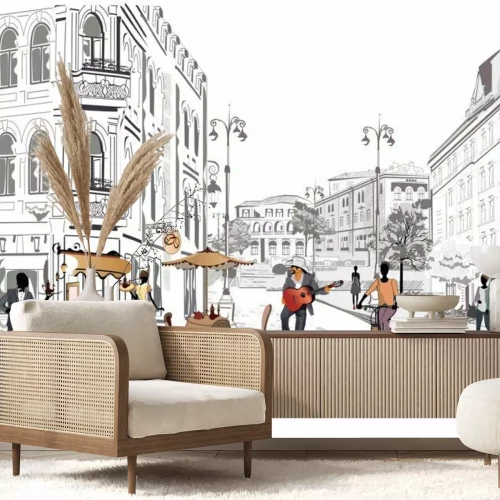 Fotobehang Een historische stadsstraat met mensen